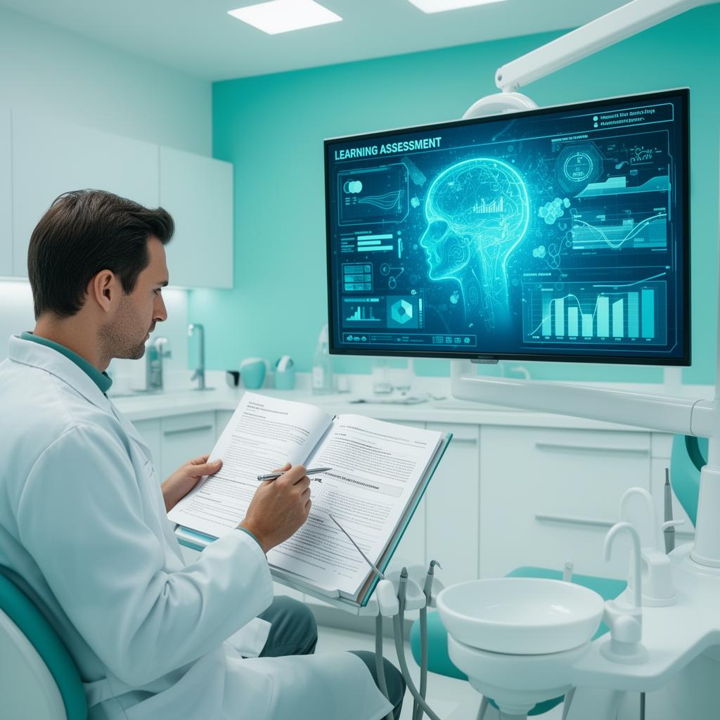 Dentist reviewing clinical learning materials with AI-powered assessment analysis