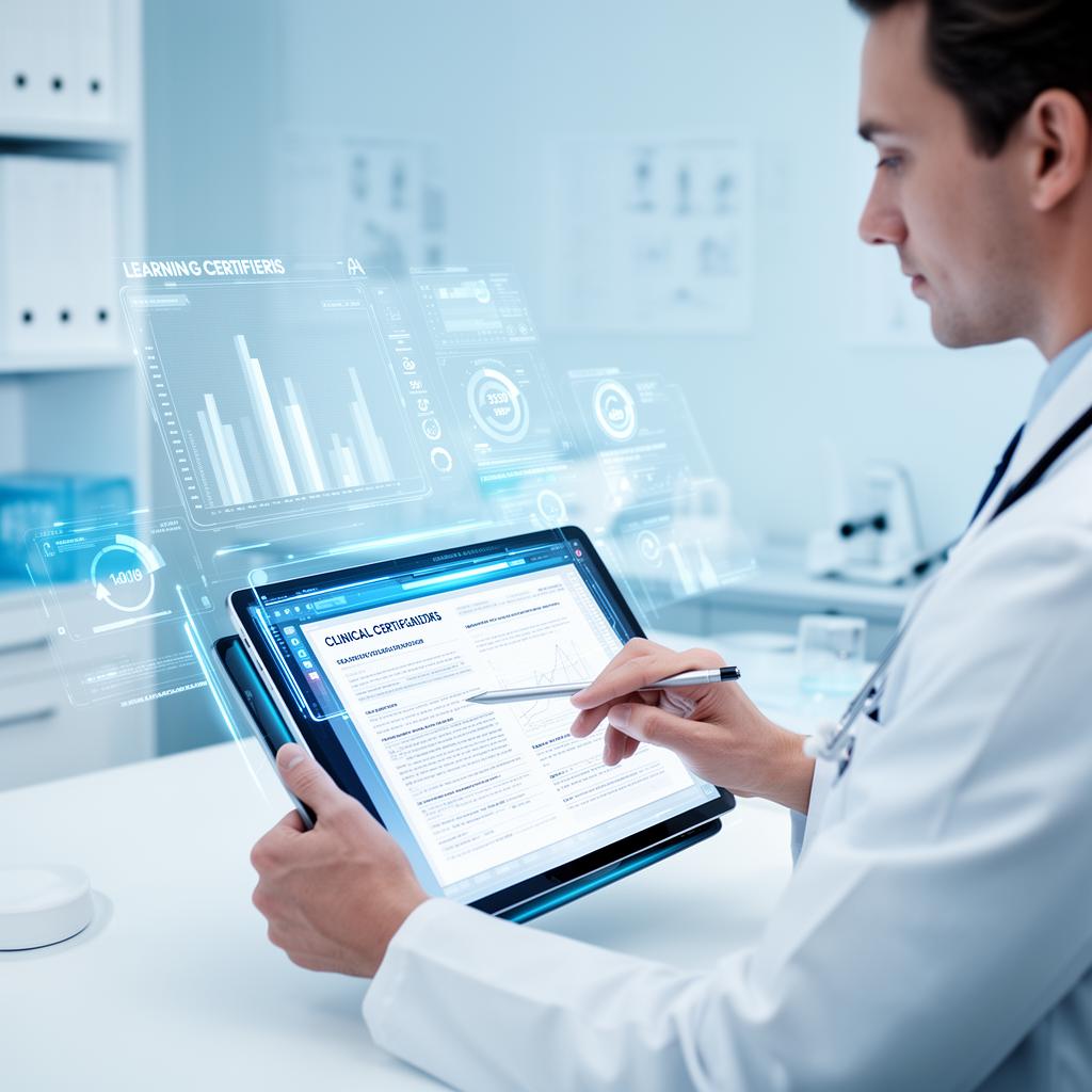 Doctor reviewing clinical documents with AI-powered learning analysis on a tablet
