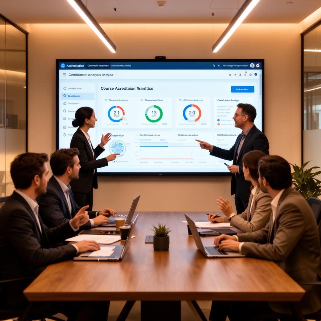 Organisation team reviewing course accreditation analytics on a presentation screen